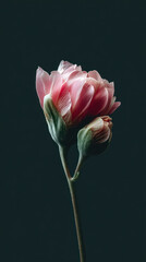 A soft pink flower stands tall with a budding friend, illuminated against a dark backdrop in a tranquil indoor space