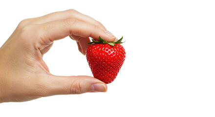 Hand holding fresh ripe strawberry isolated, healthy eating concept, delicious fruit, summer berry diet food
