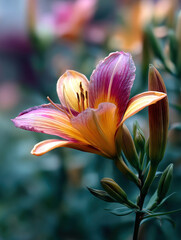 A vibrant daylily showcases its beautiful colors in a garden, illuminated by soft morning sunlight, surrounded by buds