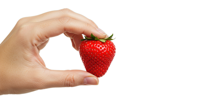 Hand holding fresh ripe strawberry isolated, healthy eating concept, delicious fruit, summer berry diet food