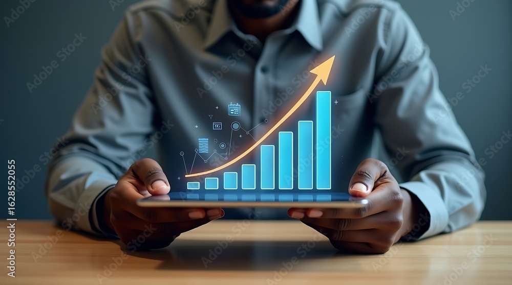 Poster analyzing-digital-data-business-strategy-market-growth-using-tablet-businessman-develops-growing-vir