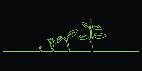 Continuous one line drawing of tree growth step design. Growing sprouts tree step in single line draw vector illustration