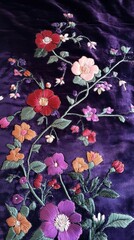 Intricate Floral Embroidery on Velvet: A Deep Purple Tapestry of Exquisite Hand-Stitched Blooms, Showcasing Artistic Needlework and Delicate Flower Designs, with Vibrant Colors.