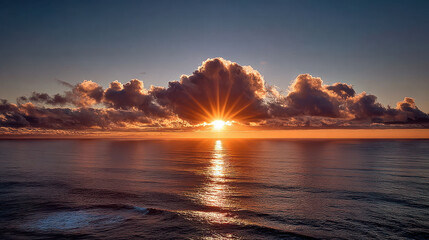 Stunning sunset casts vibrant colors across the ocean, reflecting off waves while clouds create a dramatic sky