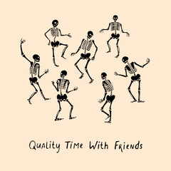 Dancing Skeletons Vector Illustration, Retro Halloween Party Bones Clipart