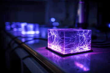 Glowing plasma cubes illustrate electricity experiments in a dim laboratory setting during evening hours