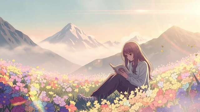 Anime Woman Reading Book in Vibrant Flower Field with Distant Mountains Under a Sunny Sky in Dreamy Nature Setting