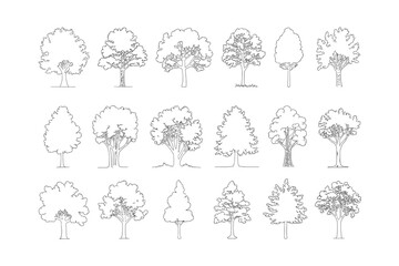 Variety of Tree Line Art Drawings: Outlines of Different Trees for Landscape Design, Education, or Coloring Projects, Black and White, Vector Graphics