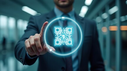 A businessman in a dark grey suit and dark tie, subtly lit from the front, interacts with a futuristic, translucent holographic QR code