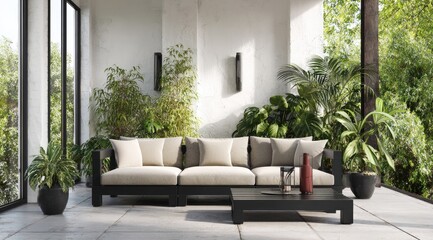 Modern outdoor patio area with a light beige sofa, black furniture, and lush greenery.  Large windows offer views of a garden