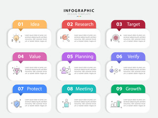 Plakat Infographic design template. Timeline concept with 9 options or steps template. layout, diagram, annual, report, presentation. Vector illustration.