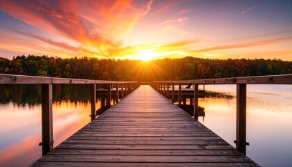 Fototapeta premium Wooden dock at sunset over lake