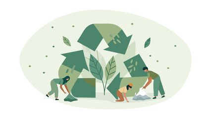 People collecting waste near a recycling symbol with leaves and dots in a light green oval shape design