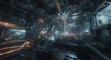 Naklejka premium Intricate network of glowing wires and metallic structures within a futuristic, cavernous space.