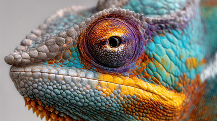 A vibrant lizard displays unique patterns and striking colors, highlighting its textures and eye in soft, natural light