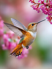 A hummingbird elegantly hovers by blooming pink flowers surrounded by greenery in a serene garden setting