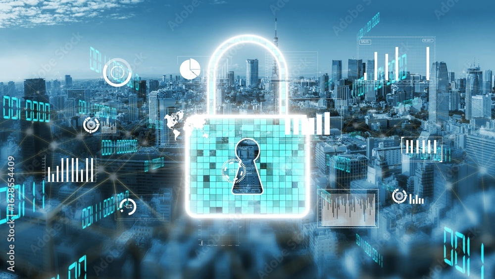 Poster this image illustrates a digital padlock symbolizing data security over a city skyline, representing