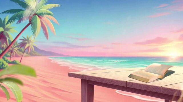 Illustration of Tropical Beach at Sunset with Palm Trees and Open Book on Wooden Table in Pastel Colors