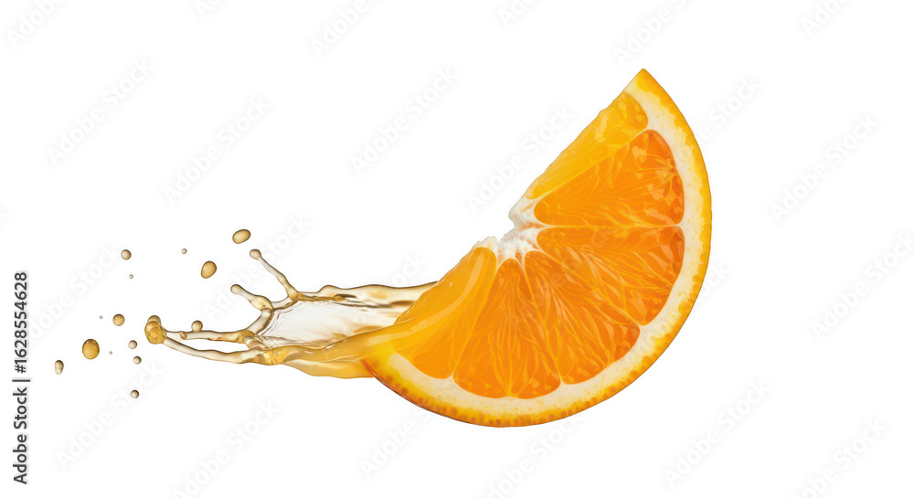 Poster orange slice with juice splash isolated on transparent background