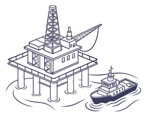 Top view cartoon vector of offshore oil and gas rig being towed by a supply vessel, depicting the oil industry’s offshore services in an isolated infographic style.