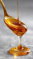 Honey flows gracefully from a spoon, pooling in a warm kitchen, capturing the natural sweetness of this delicious treat