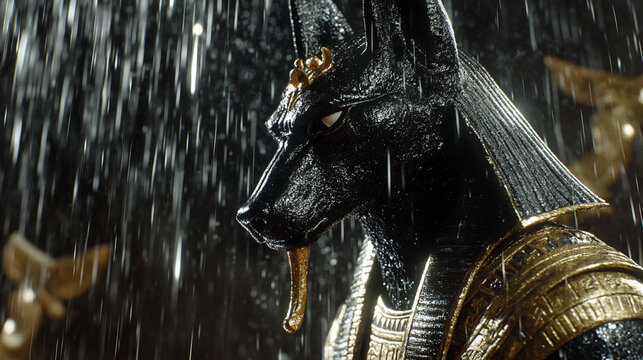 Close-up of Anubis's face in a thunderstorm scene, rain streaks over polished black surface, lightning reflecting on gold glyphs