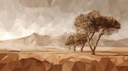 Low poly desert landscape with two trees