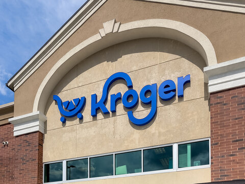MILLEDGEVILLE, GEORGIA - AUGUST 4, 2025 : Kroger Marketplace grocery store supermarket building storefront facade with logo.
