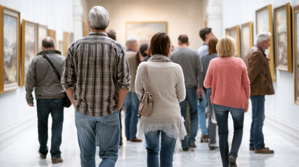 Naklejka premium Guests walk through an art gallery, admiring various paintings while engaging in conversation on a lively afternoon