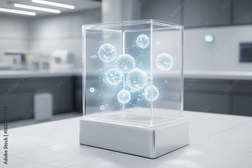 Poster a futuristic display case showcases glowing microorganisms in a sleek laboratory setting, emphasizin