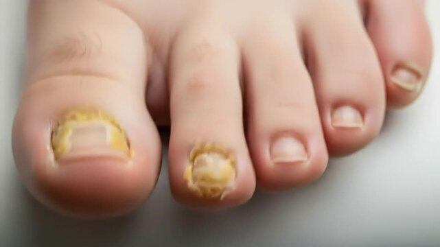 Close-up Video of a Foot with Fungal Nail Infection Showing Yellowing and Damage.