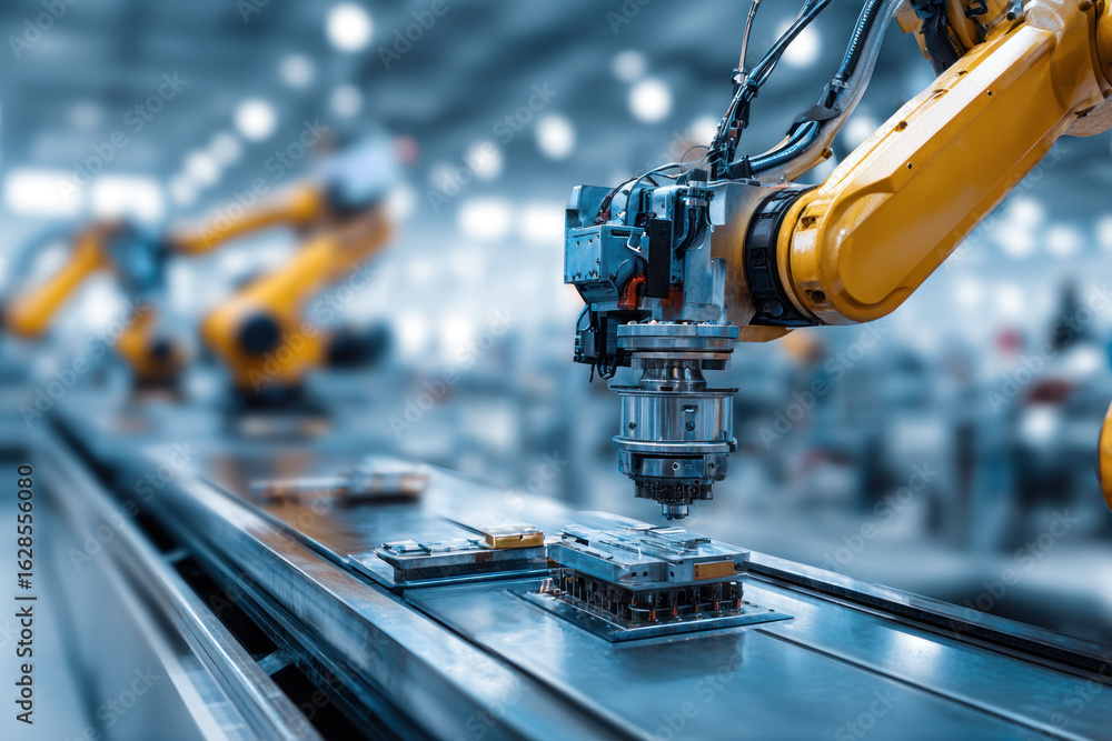Poster a robotic arm is actively assembling components on a production line in a bright factory environment