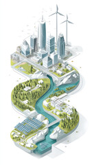 Modern city architecture merges with natural landscapes, featuring wind turbines, solar energy, and a winding river