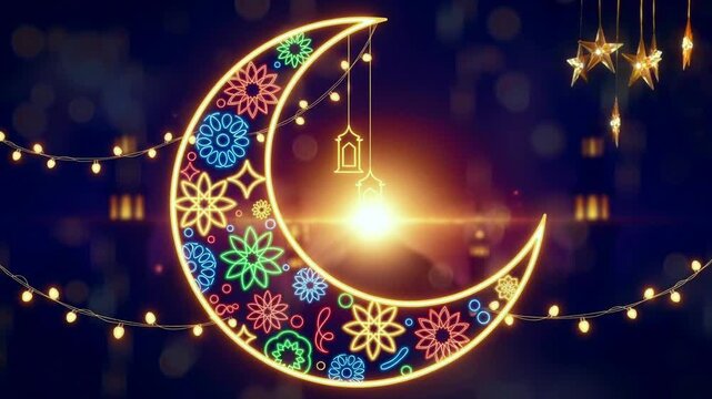 Neon Crescent Moon with Colorful Floral Designs Lanterns and Stars Against a Dark Blue Backdrop with Bokeh Lights for Festive Celebrations