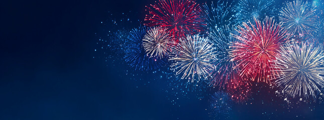 A fireworks display against the night sky. Colourful Fireworks, Abstract firework background with free space for text.