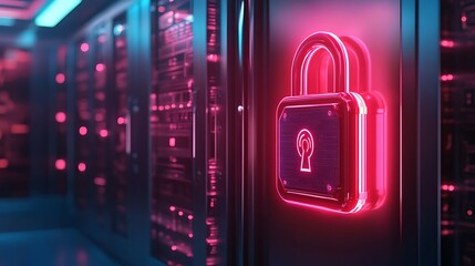 Glowing padlock in server room symbolizing data security and protection