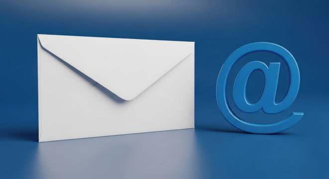 Email Communication Concept A White Envelope and Blue At Symbol Against a Blue Background Representing Digital Correspondence and Online Messaging - Powered by Adobe
