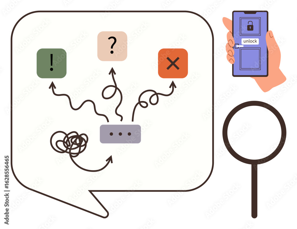 Aufkleber speech bubble with tangled paths leading to decisions marked by symbols, smartphone with unlock scre