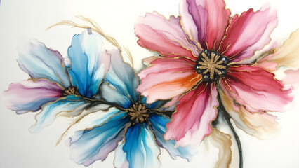 Obraz premium Floral ink painting: vibrant pink & blue flowers on white background