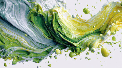 Vibrant green and yellow paint blend dynamically, forming an abstract design that captivates the eye