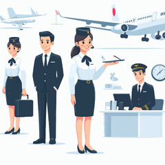 Cartoon-style illustration of airport personnel, including pilots and flight attendants, in a flat design,  with airplane and office elements.