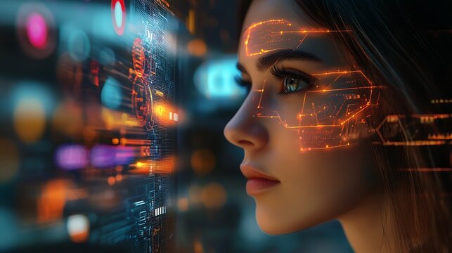 Woman looking at digital interface with glowing hud elements overlayed