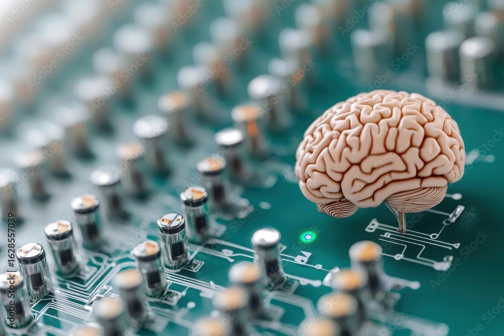 Poster engineer biomedical simulation concept. a brain atop a circuit board symbolizes the fusion of techno