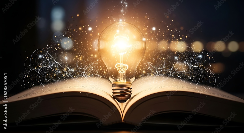 Poster light bulb on open book with glowing particles, symbolizing knowledge, innovation, and creative idea