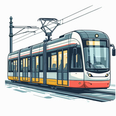 Naklejka premium Vibrant illustration showcasing a contemporary tram moving through an urban setting. The graphic design uses bold colors and lines to create a dynamic visual.