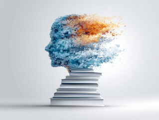 A striking representation of a head formed from vibrant colors emanating from stacked books, symbolizing creativity