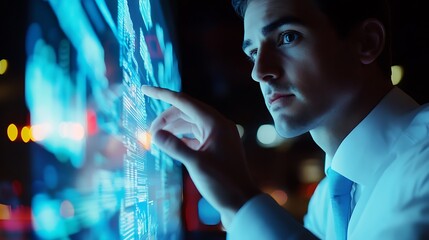 Man interacting with futuristic screen displaying data and information