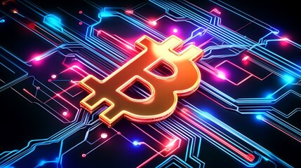 Bitcoin symbol on a circuit board with blue and pink neon light effects