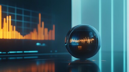 Glowing orb reflecting waveform with bar graph in the background scene