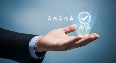 Hand showing five star rating and quality assurance medal with checkmark Keywords: quality